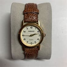 HABAND QUARTZ WOMENS WATCH Brown Leather Band Snakeskin Gold Case White Dial