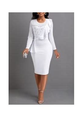 Rosewe White Round Neck Long Sleeve Pearl Bodycon Dress - M