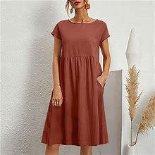 Qleicom Women's Summer Boho Short Sleeve Dress Casual Cotton Linen Solid Color Dress Round Neck Swing Midi Dress With Pockets Knee Length Vintage Dres