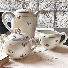 GIEN & Moulin Des Loups | COFFEE MAKER Teapot + Milk Jug + Sugar Bowl | Old Vintage Flower Decor | Made In France | 1950 | Old Service