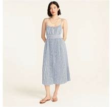 J Crew Smocked-Waist Pleated Dress In Stripe Banker Blue White 4