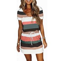 Michellecmm Women Summer Casual Striped Dress V Neck Spaghetti Strap Mini Dress Swing Dress With Pockets