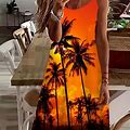 Tropical Print Dress, Women's Tree Vacation Sleeveless Comfy Dress Women's Clothing Cami Dress,Orange,Trending,Temu