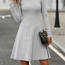 Solid Color Dress, Women's Knee Casual Crew Neck Long Sleeve Women's Clothing Dress,White,Grey,Must-Have,Temu