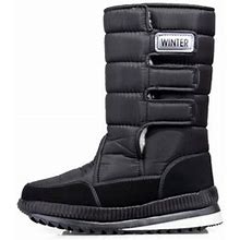 Ymiytan Unisex Snow Boots Mid Calf Winter Boot Faux Fur Warm Shoes Walking Magic Tape Plush Lined Male Black 8 Women/7 Men