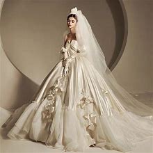 Luxury Modern Ivory Princess Style Strapless Ball Gown Wedding Dress With 3D Lilies And Ruffles, Matching Gloves
