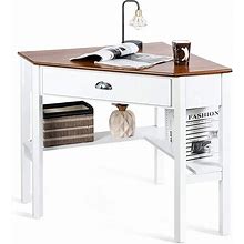 Corner Desk For Small Space, Wood Corner Computer Desk, Compact Writing Table W/Drawer & Storage Shelves, Space Saving Study Workstation, Laptop PC C