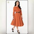 Unique Vintage Dresses | Euc Unique Vintage Devon Orange Plaid Windowpane Swing Dress 50S - Size L | Color: Brown/Orange | Size: L