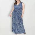 24Seven Comfort Apparel Plus Sleeveless Geometric Maxi Dress | Blue | Plus 2X | Dresses Maxi Dresses