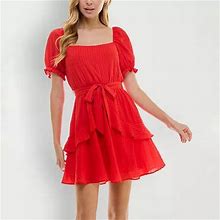 City Triangle Juniors Short Sleeve Fit + Flare Dress | Red | Juniors Small | Dresses Fit + Flare Dresses | Tiered|Tie-Waist | Easter Fashion
