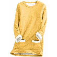 Cymmpu Women's Crewneck Sherpa Lined Fleece Pullover Winter Warm Fuzzy Loungewear Fall Clothing Fashion Comfy Clothes Winter Pocketed Sweatshirt Overs