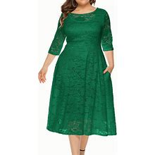 Plus Size Floral Print Solid Color Crew Neck Hollow Dress, Women's Floral Lace Casual Sleeve Clothing Midi Dress,Green,Handpicked,By Temu