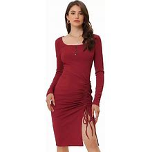 Women's Drawstring Ruched Front Square Neck Long Sleeve Knit Bodycon Dress, Size: Large, Purple
