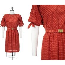 Vintage 1970S Dress | 70S Terry Cloth Striped Burnt Orange Puff Sleeve Belted Sheath Day Dress (Medium)