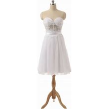 White Strapless Sheer Lace Corset Bodice Knee Length Chiffon Dress