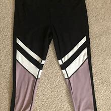 Reebok Pants & Jumpsuits | Reebok Leggings Size Large Womens Purple Black Stripes Workout Clothes | Color: Black/Purple | Size: L
