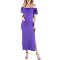 24/7 Comfort Apparel Off Shoulder Ruffle Detail Maxi Dress | Purple | Maternity 3X | Dresses Maxi Dresses