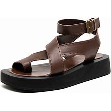 AIYUQI Sandals Women Genuine Leather 2023 Summer New Clip Toe Sandals Ladies Roman Women Shoes Muffin Sandals WHS MTO Brown / 35