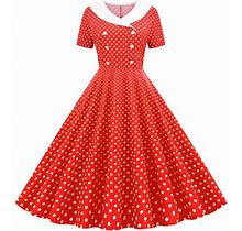 Ywdj Homecoming Dresses 2022 Long Sleeve Fashion Womens A Line Flare Vintage Dress Bowknot Prom Swing Short Sleeve Polka Dot Printing Party Dress Red
