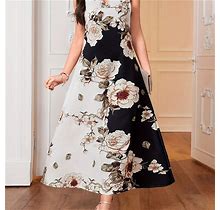 Floral Print Pocket Ball Gown Long Dresses, Maxi Dress, Women's Casual Waist Summer Swing Women's Clothing Pocket Dress,White,Must-Have,Temu