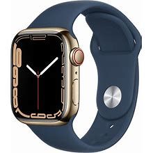 Apple Watch Series 7 [GPS + Cellular 41Mm] Smart Watch W/ Gold Stainless Steel Case With Abyss Blue Sport Band (Renewed)