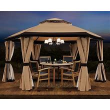 10'X10' Gazebos For Patios Outdoor Hexagonal Gazebo With Netting And Privacy Curtains By ABCCANOPY