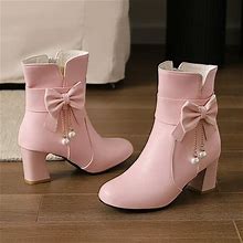 Aayomet Womens Boots Ankle New Korean Bow Short Boots Female College Style Cute Female Ankle Boots (Pink, 8.5)