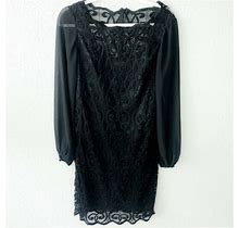 Adrianna Papell Lace Cocktail Dress Long Sheer Sleeves Black Size 4