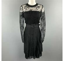 Prada Size 10 Black Pleated Silk Lace Top Long Sleeve Cocktail Dress