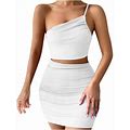 Odeerbi Solid Color Dress For Women 2024 Solid Color Fashion Design Hip Drawstring One-Shoulder Short Dress White