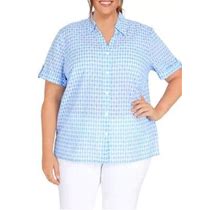 Alfred Dunner Women's Plus Size Classics Stencil Floral Short Sleeve Button Down Top, Cotton