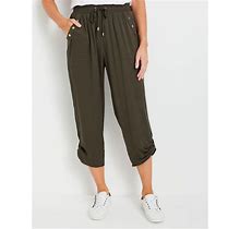 RIVERS - Womens Pants - Green Summer Ankle Length - Wide Leg - Fashion Trousers - Dark Khaki - Mid Waist - Stud Detail - Work Clothes - Office Wear 10