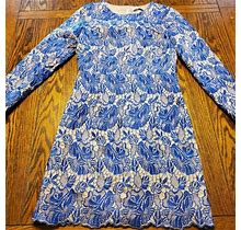 Karen Millen Blue And Tan Lace Embroidered Dress Size 4