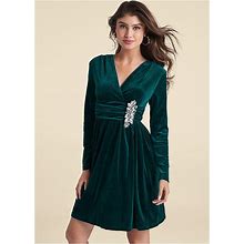 Women's Embellished Velvet Dress - Green, Size L By Venus