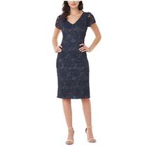 Js Collection Womens Navy Zippered Embroidered Soutache Short Sleeve V Neck Knee Length Cocktail Sheath Dress 2