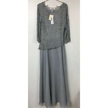 J Kara Women's Petite 3/4 Sleeve Geo Design Long Beaded Gown, Silver, 6, NWT
