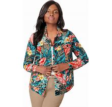 Plus Size Women's Classic Cotton Denim Jacket By Jessica London In Multi Tropical Animal (Size 32) 100% Cotton Jean Jacket