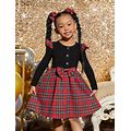 Toddler Girls' Knit Flying Sleeve Long Sleeve Patchwork Plaid Dress,7Y
