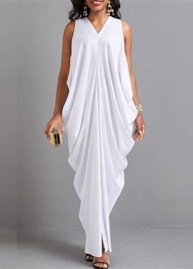 Rosewe White Cocoon Gown Dape Long Dress Baggy Maxi Dress Greek Style Dress White O Shape V Neck Split Maxi Dress - 2XL