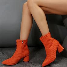 Solid Color Pointed Toe Chunky Heeled Ankle Boots, Women's Side Zipper Short Fashion Booties,Orange,Trending,Temu