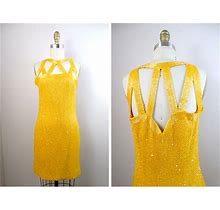 BRIGHT Yellow Beaded Dress // Vintage Embellished Cocktail Dress W/ Open Back Cutouts