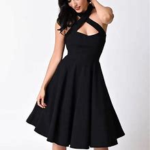 Unique Vintage Dresses | Unique Vintage Black 1950S Cross Cross Halter Flare Rita Dress. Size 3X | Color: Black | Size: 3X