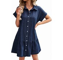 GRAPENT Denim Dress For Women Summer Button Down Belted Short Dresses Flowy Western Casual Jean Dress