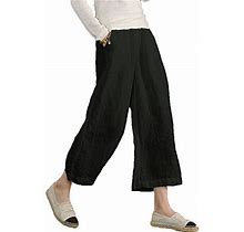 Ecupper Womens Elastic Waist Causal Loose Trousers Plus 100 Linen Cropped Wide Leg Pants Black 18W20w