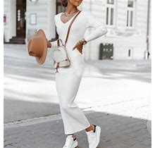 Rigardu Dresses For Women Womens Dresses Women's Autumn/Winter Solid V Neck Stripe Long Sleeve Slim Fit Casual Dress White+XS