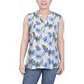 Ny Collection Petite Sleeveless Printed Pintucked Blouse - Ivory Tropical Leaves - Size PL