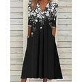 Women Midi Dress Elegant Loose Floral Print A-Line Dress Black/M