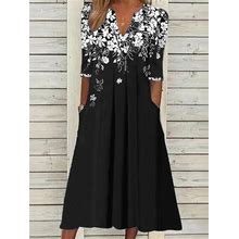 Women Midi Dress Elegant Loose Floral Print A-Line Dress Black/M