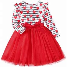 Valentine's Daytoddler Girls Dresses Long Sleeve Hearts Striped Print Tulle Dress Spring Elegant Dress