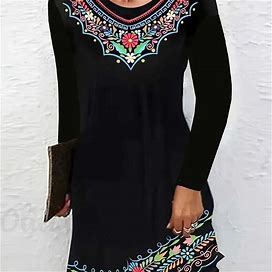Ethnic Floral Print Dress, Casual Crew Neck Long Sleeve Dress, Women's Clothing,Black,All-New,Temu